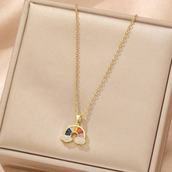 Luxe Gold Tone Stainless Steel Rainbow Necklace - Picture 2 of 3